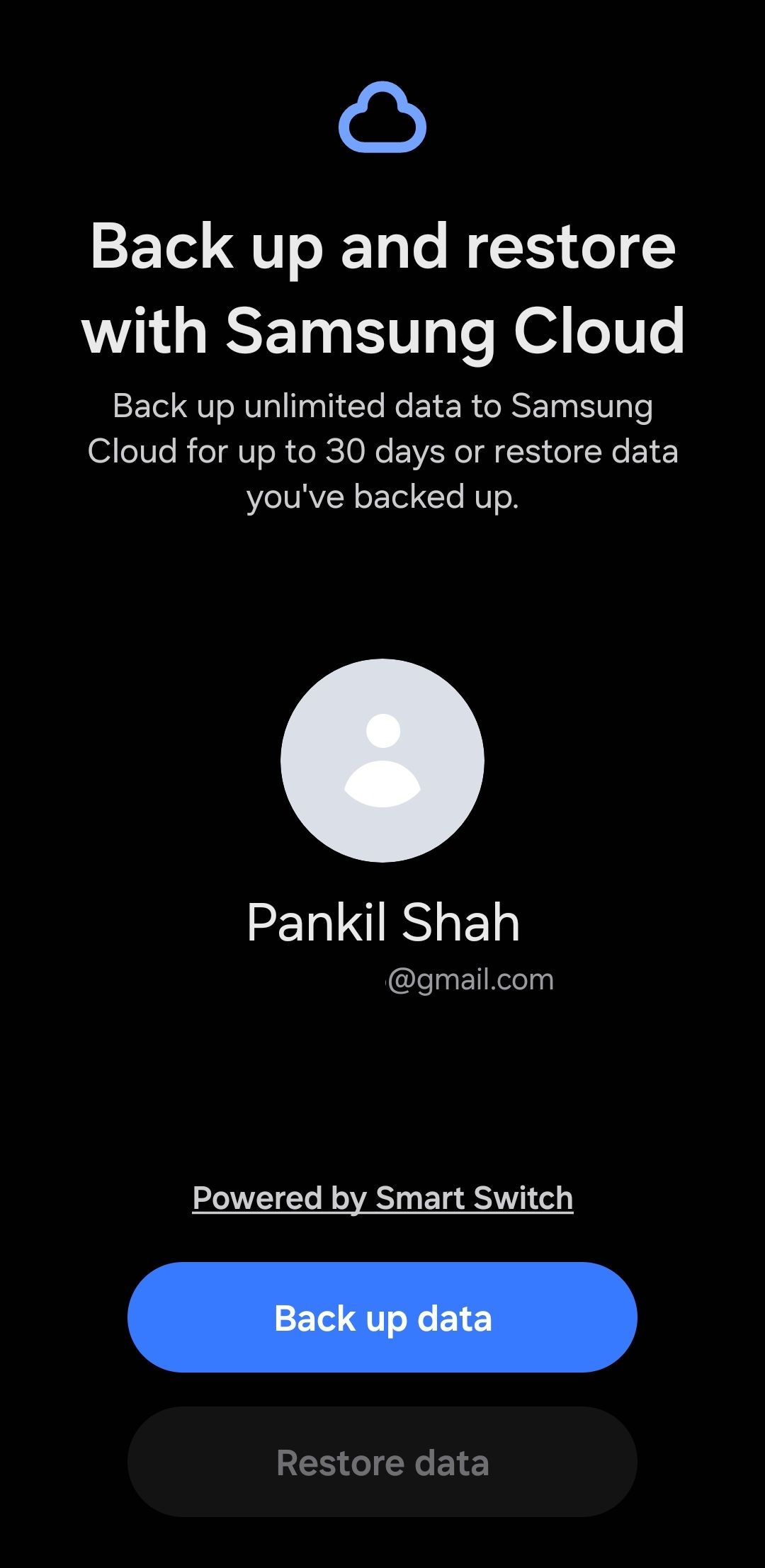 Экран резервного копирования и восстановления Samsung Cloud на телефоне