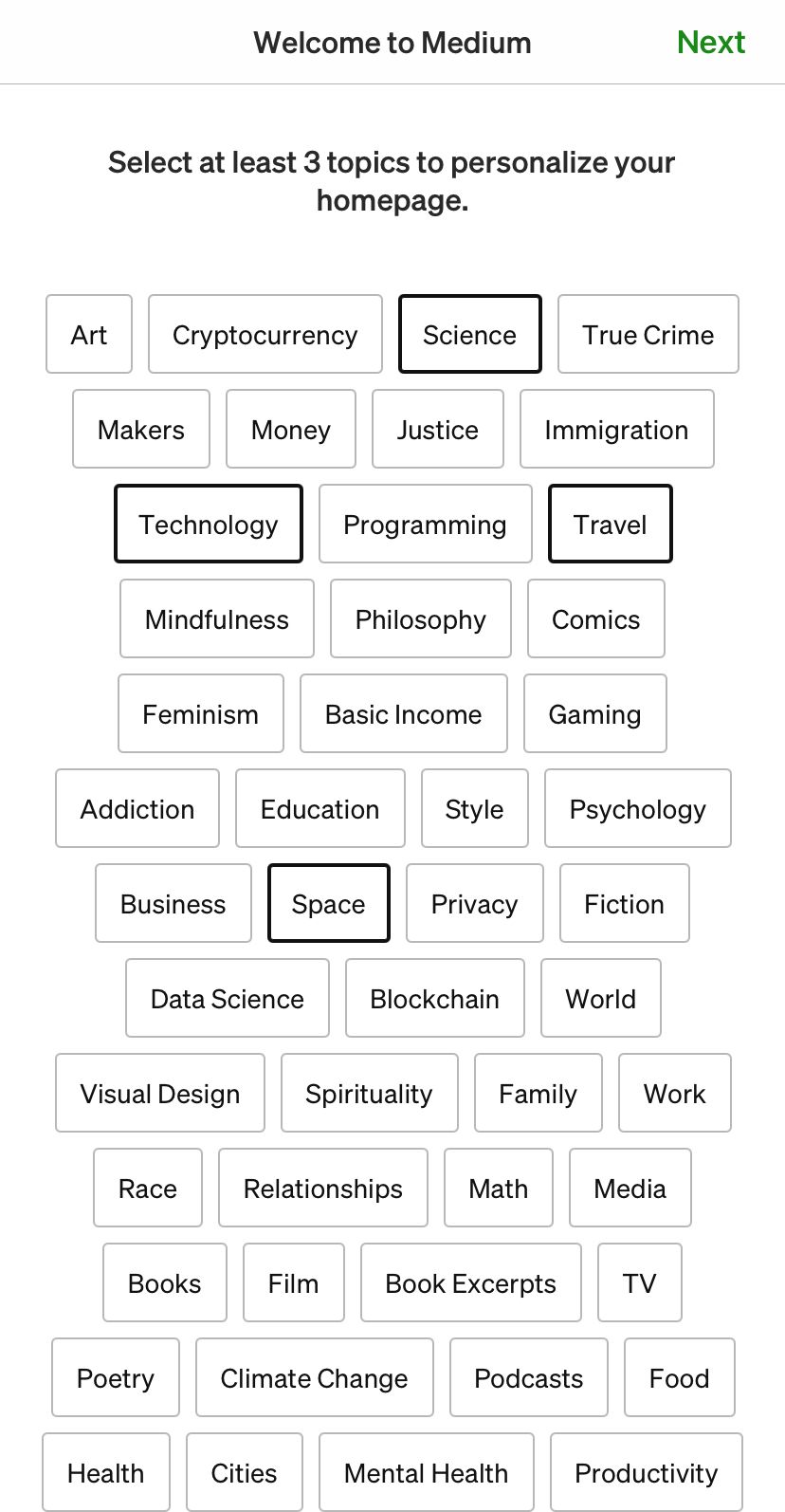 Выбор тем для главной страницы Medium