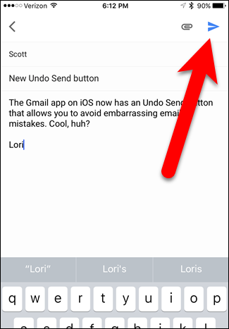 Кнопка отправки письма в Gmail на iOS