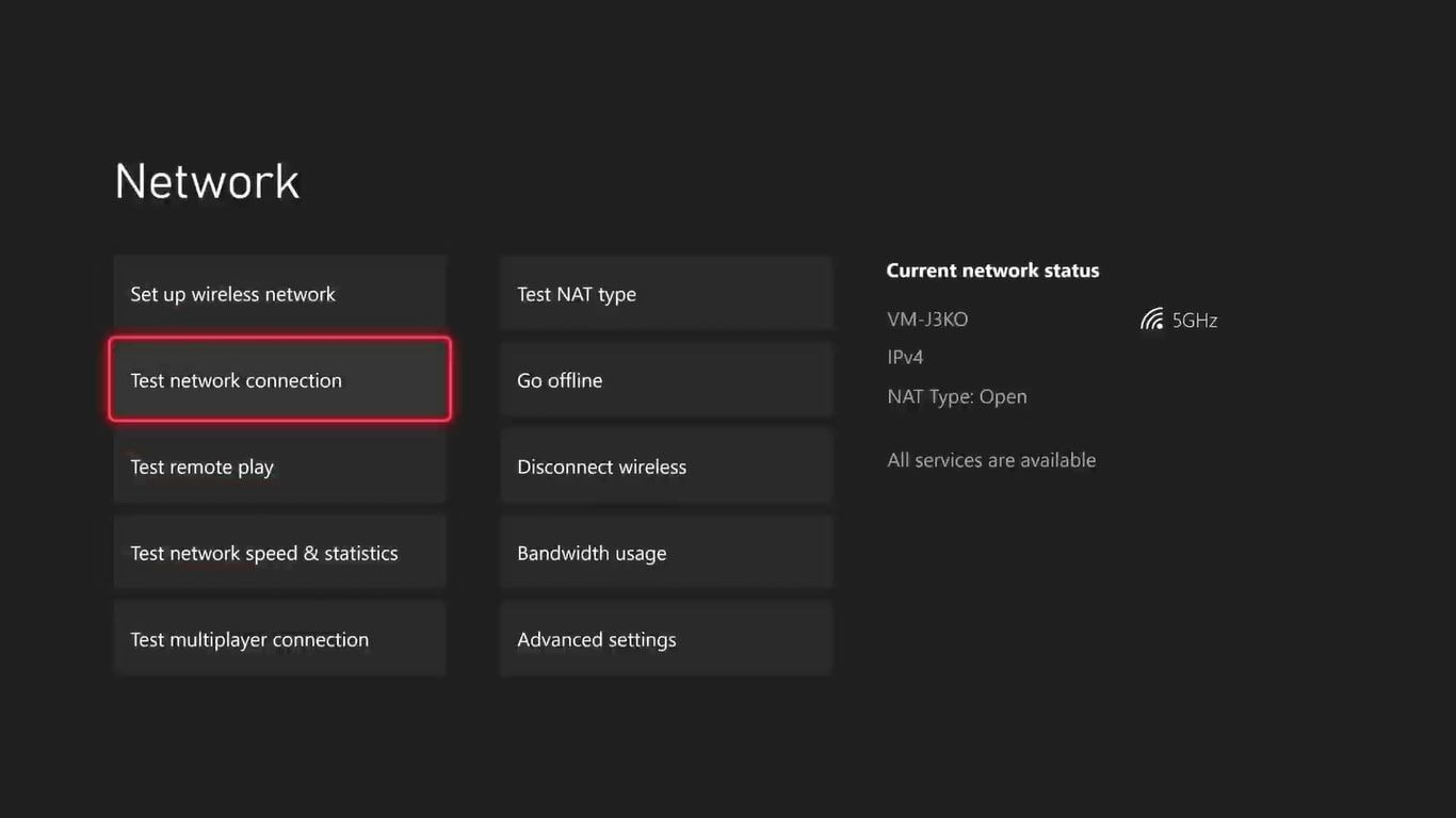 Экран сетевых настроек с выделенной опцией Test Network Connection
