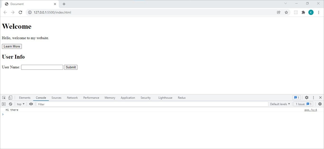 Вывод события click в консоли браузера