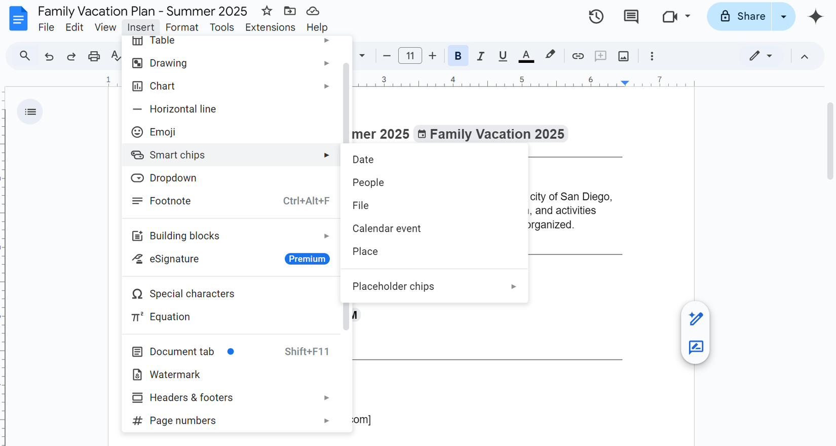 Умные чипы вставлены через вкладку Insert в документе.