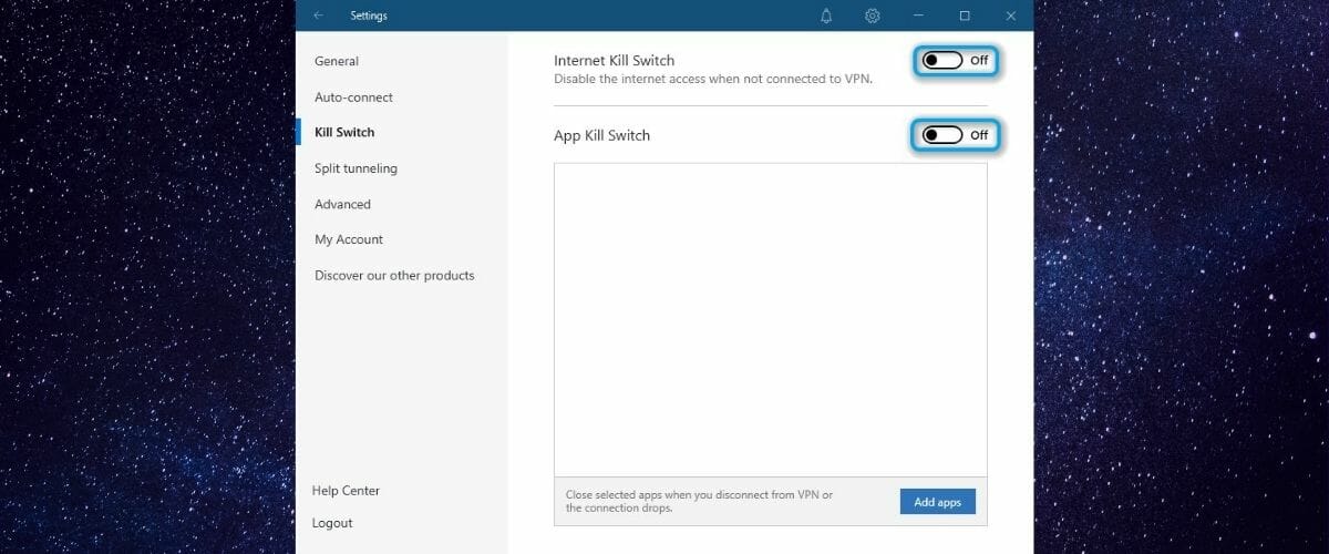Иллюстрация приложения NordVPN с опциями kill switch