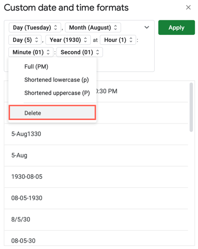 Удалить элемент формата