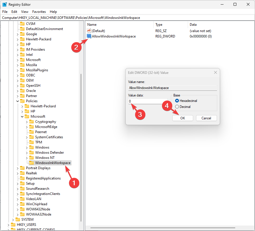 Изменение значения AllowWindowsInkWorkspace на 0