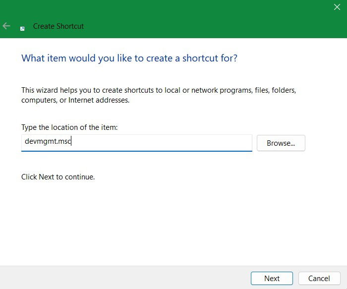 Создание ярлыка с командой devmgmt.msc.