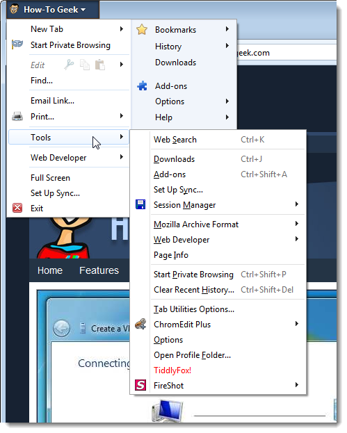 Появившееся новое меню Tools в Firefox