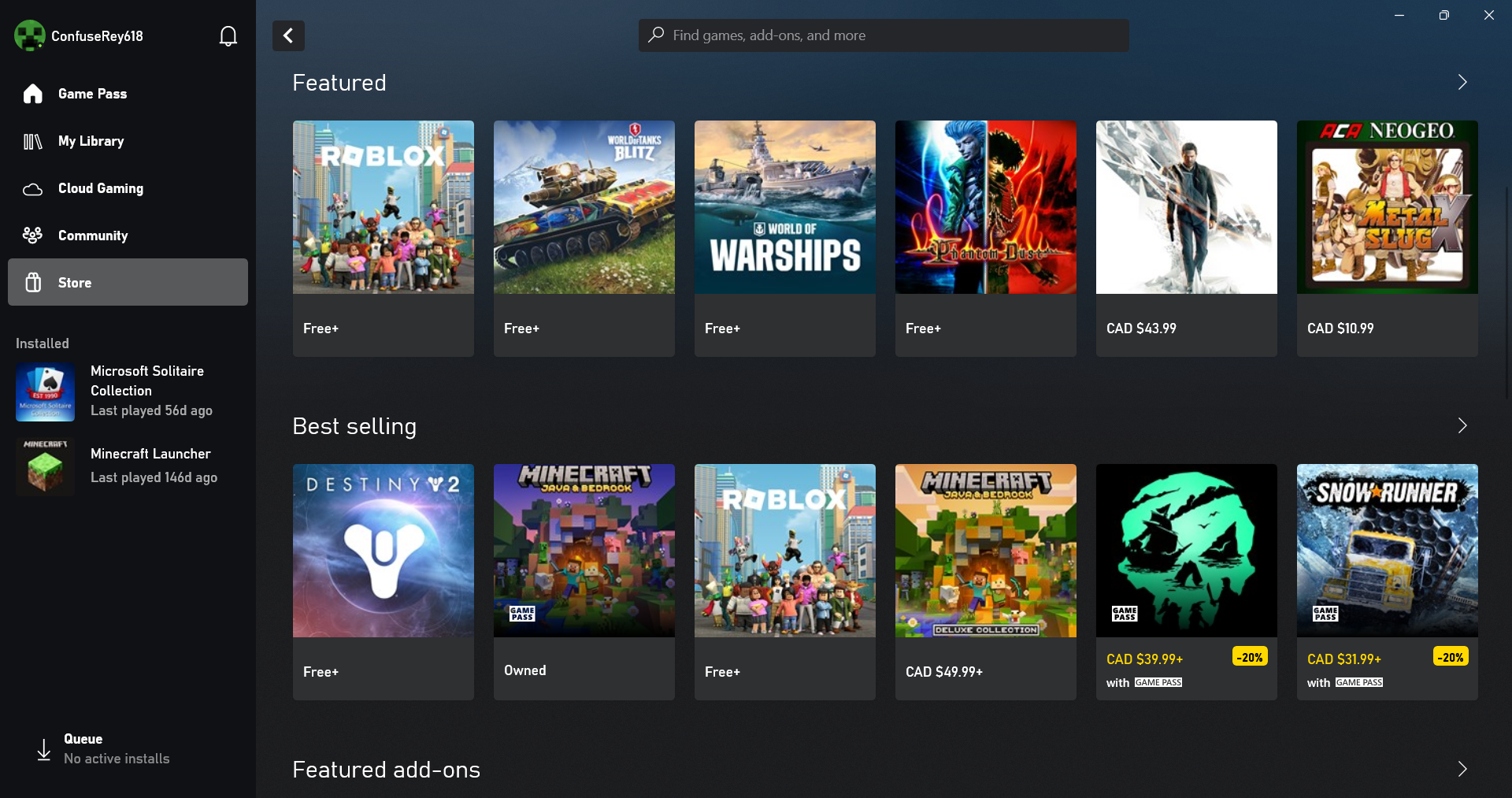 Меню приложения Xbox с доступными играми и разделом Store