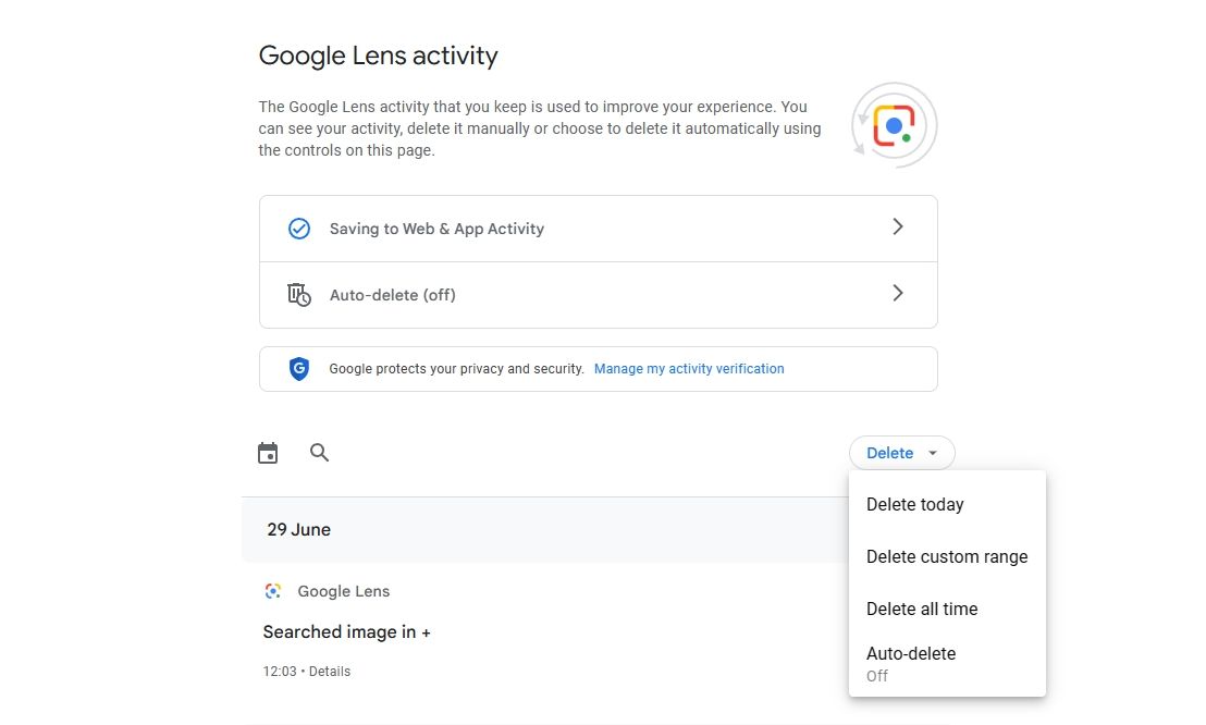 Удалить за указанный диапазон на странице Google Моя активность