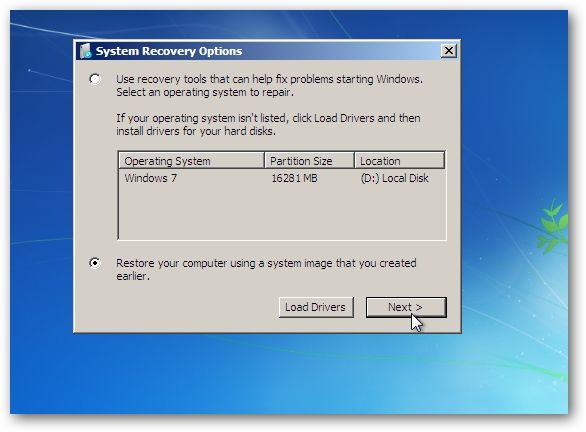 Выбор восстановления из системного образа