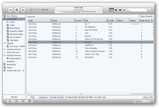 Интерфейс Winamp в стиле iTunes с выключенной панелью информации