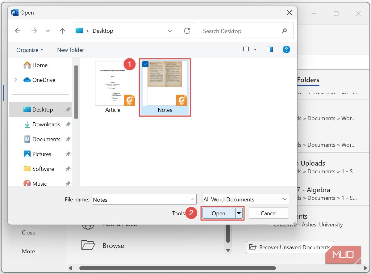 Выбор PDF‑файла и его открытие в Word