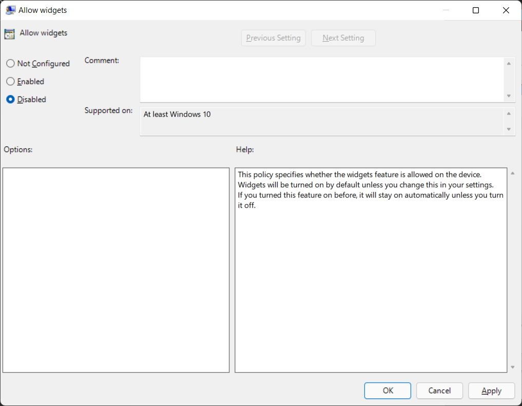 Отключение виджетов через редактор групповой политики с отключённым параметром