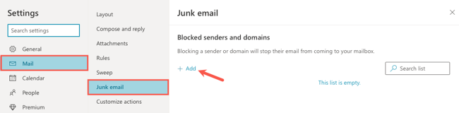 Почта, Нежелательная почта, опция Добавить
