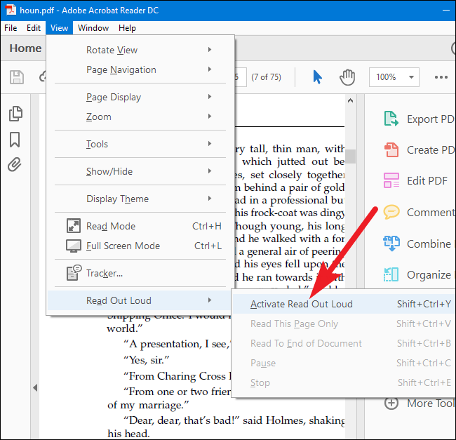 Команда Read Out Loud в Adobe Reader