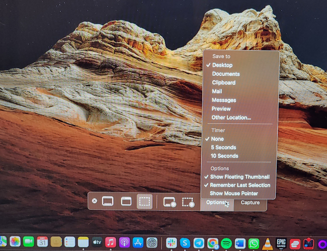 Меню опций в Screenshot с выбором папки и таймера