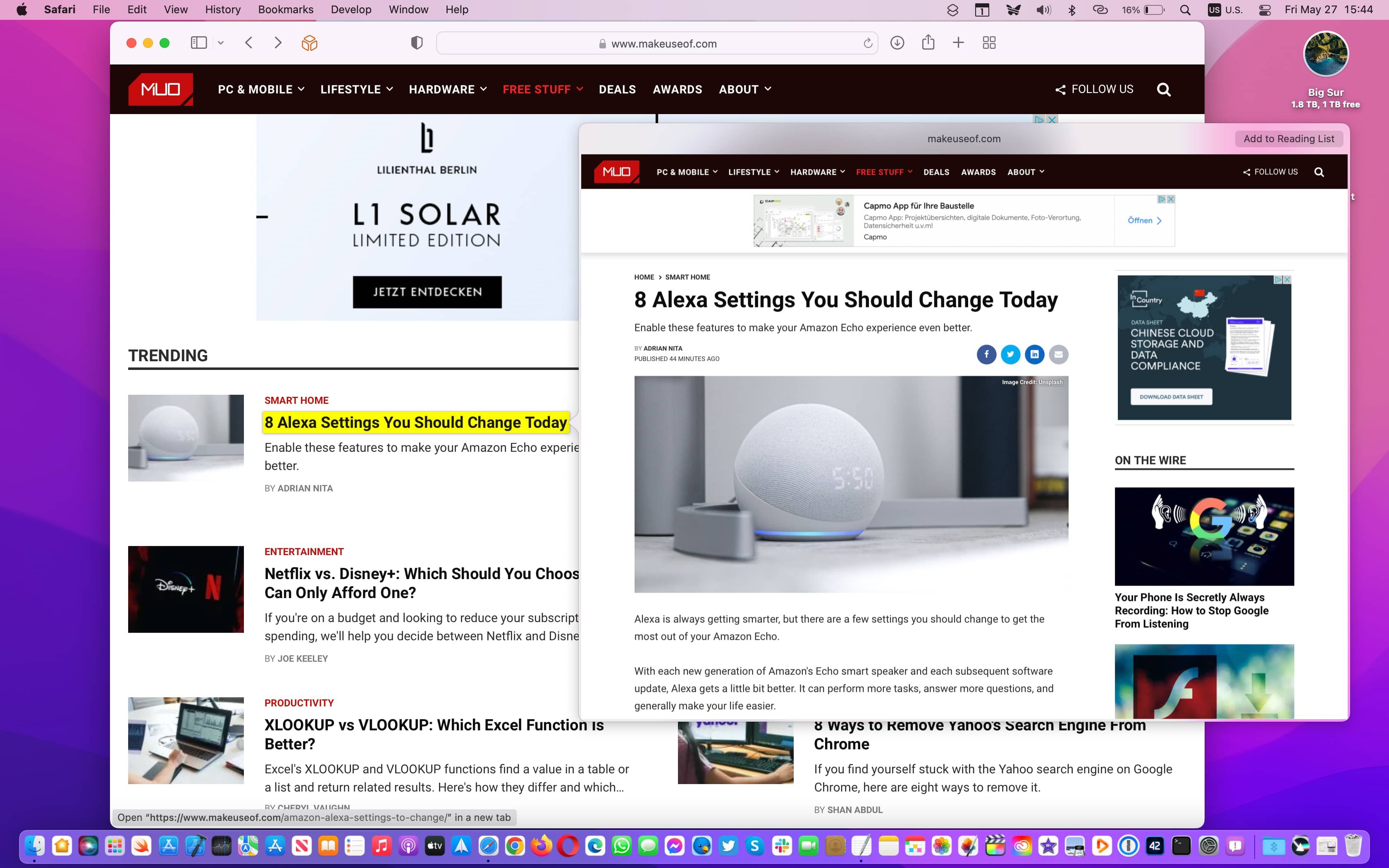 Пример Force Touch превью сайта в Safari на macOS