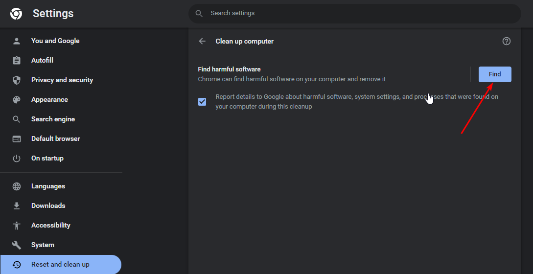 Кнопка Найти вредоносное ПО в Chrome