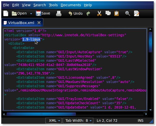 Версия VirtualBox в XML