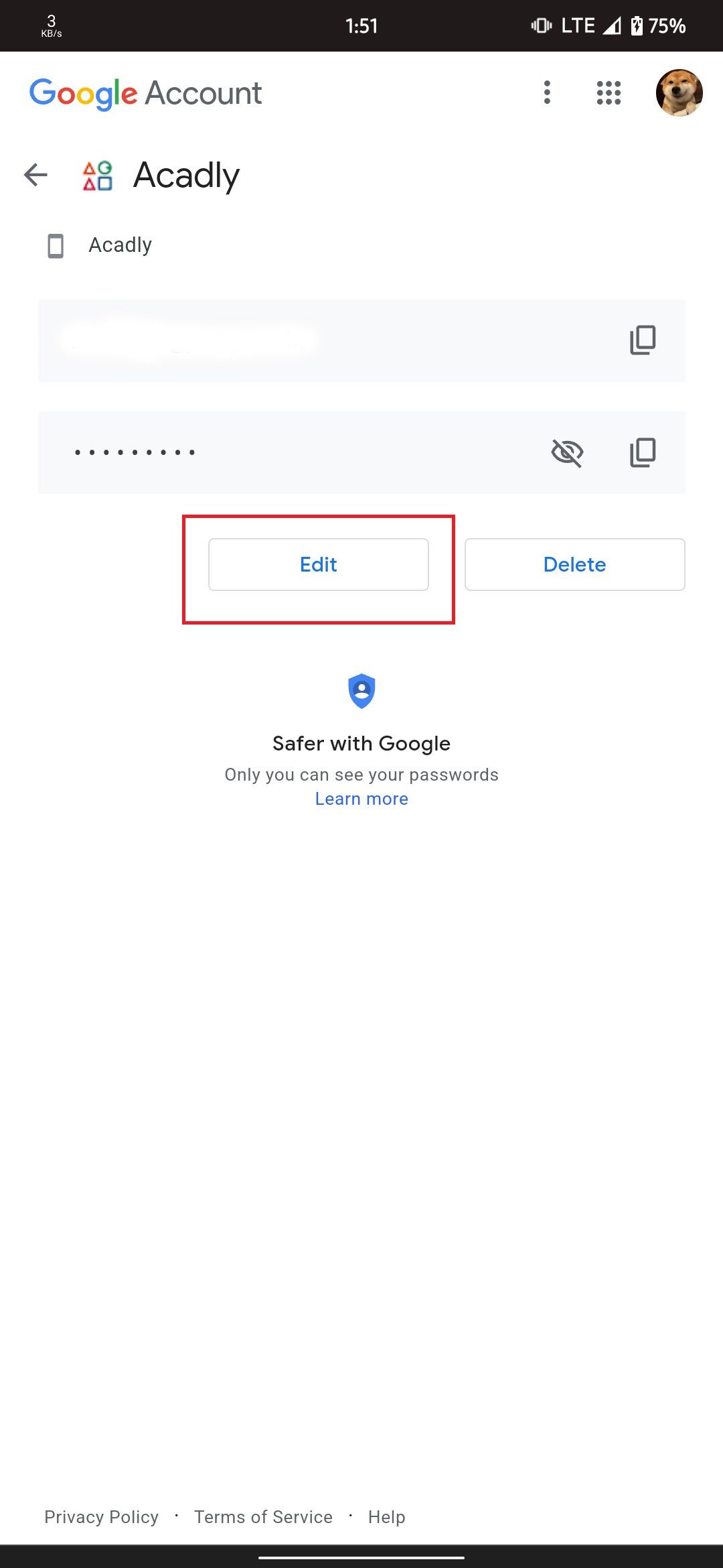 Страница учётных данных с опцией редактирования
