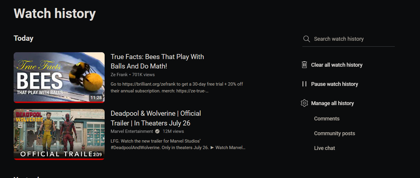 опция очистить историю просмотров на сайте YouTube