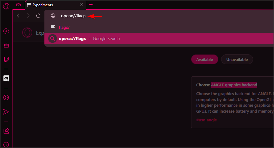 Страница экспериментальных флагов в Opera GX
