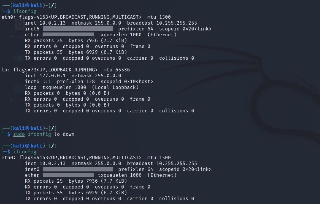 Отключение интерфейса lo через ifconfig down