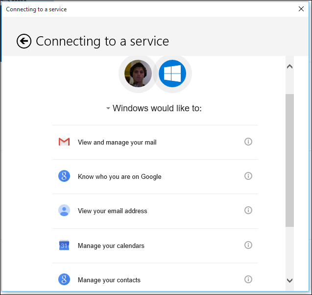Запрос прав доступа Google для Календаря Windows 10