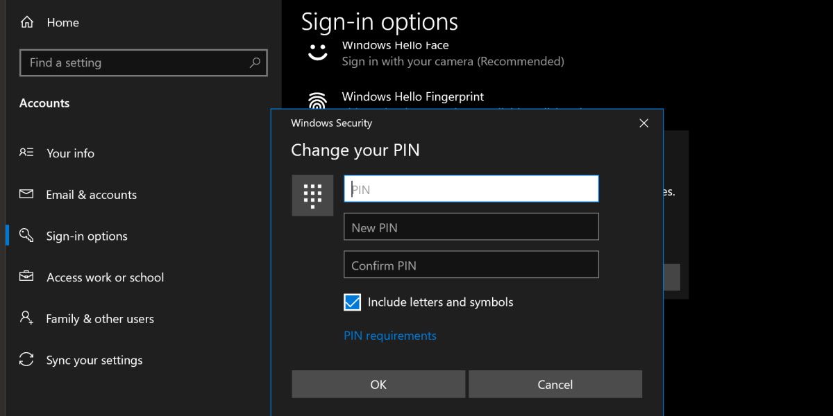скрин изменения PIN в Windows