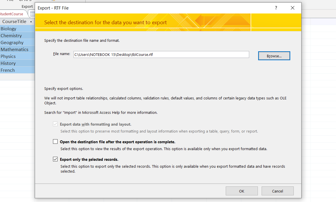 Окно мастера Export - RTF File в Microsoft Access