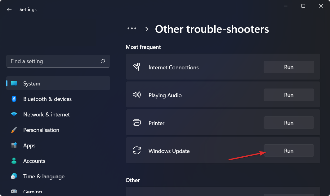 Запуск средства обновления Windows