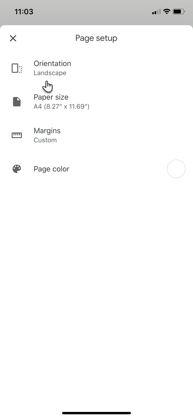 Ориентация страницы в мобильном приложении Google Docs