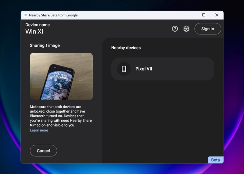 Выбор Android‑устройства в списке Nearby Devices