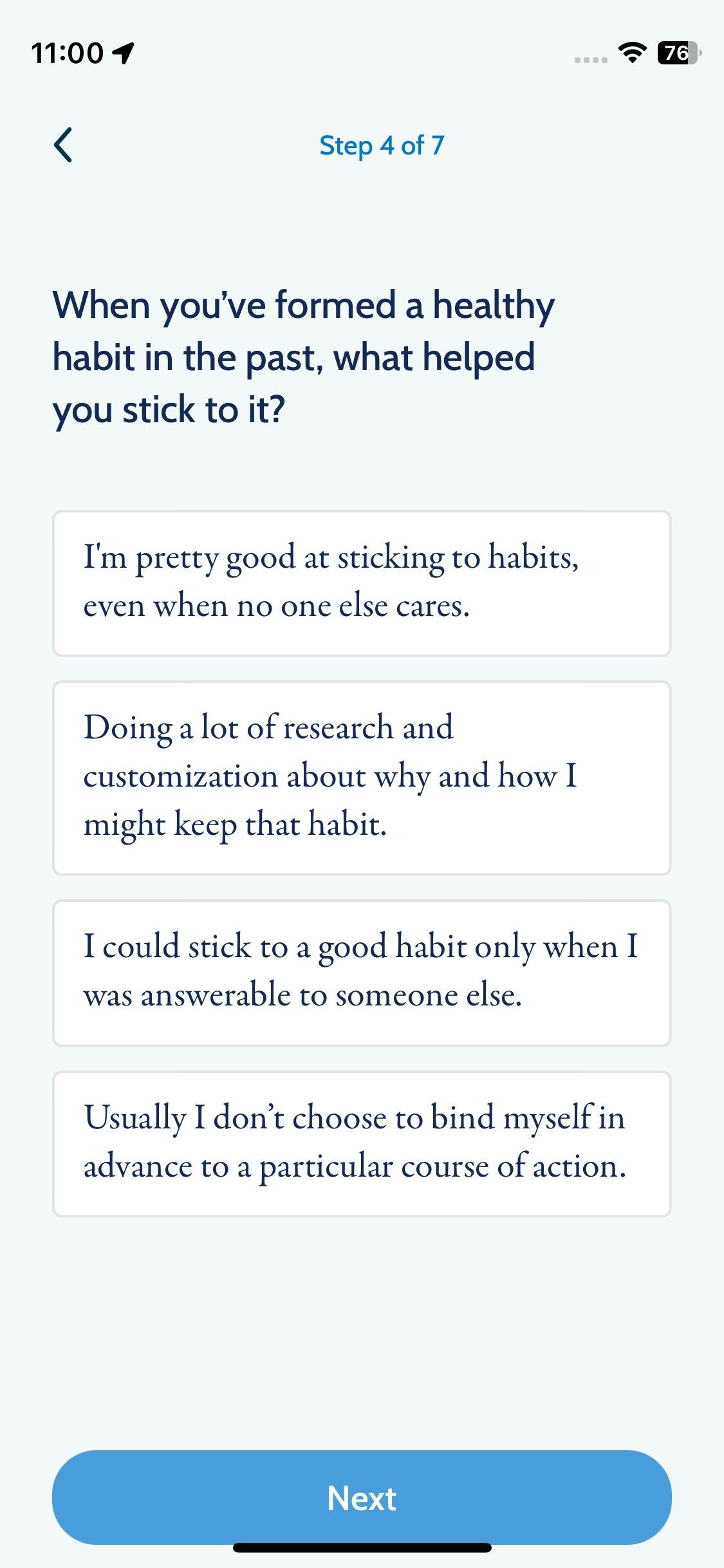 Скриншот приложения Happier — прохождение теста шаг 4