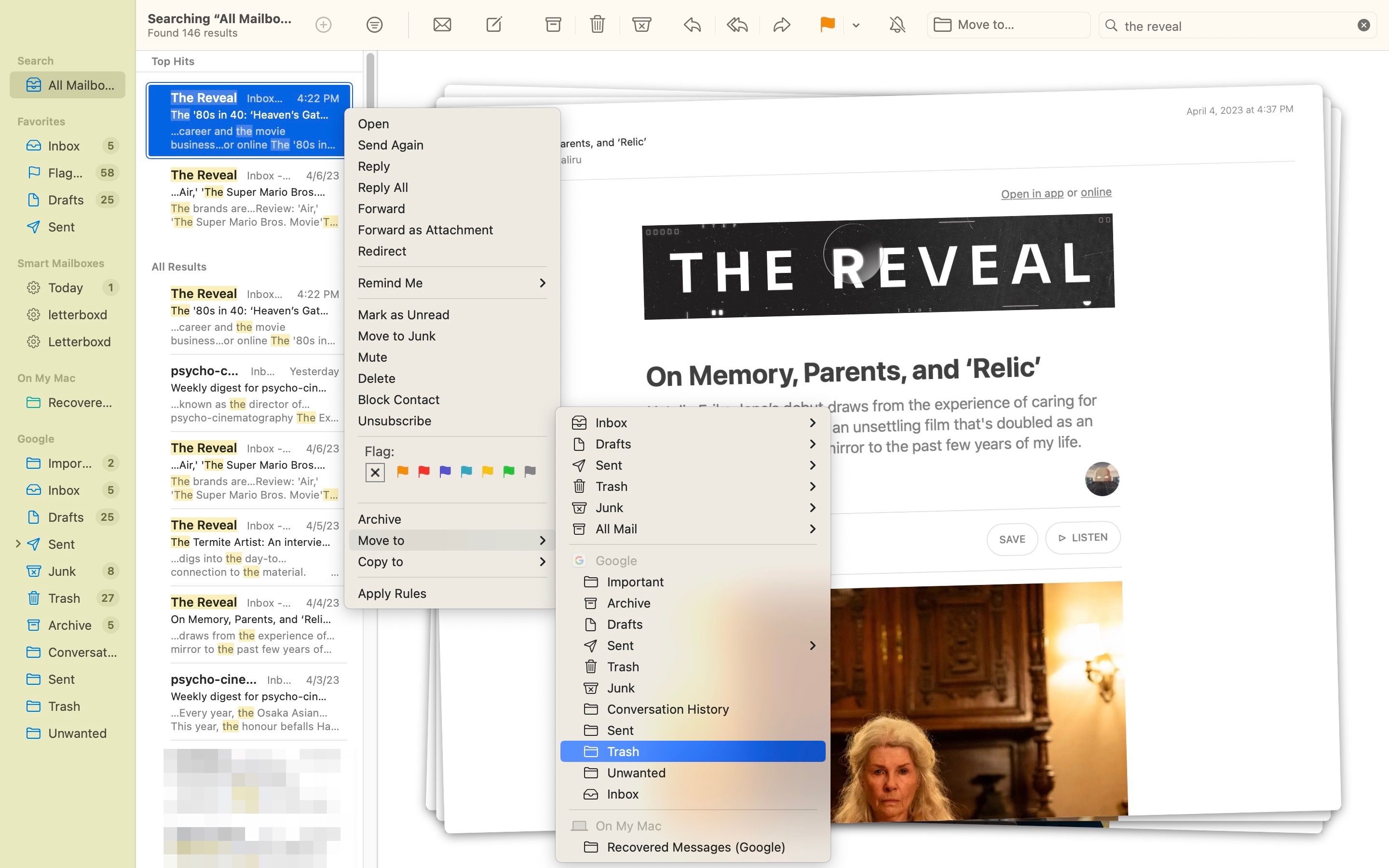Перетаскивание писем в новый почтовый ящик в Mail на macOS