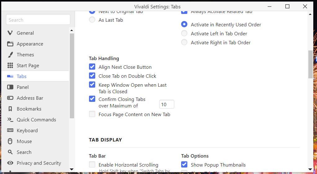 Настройка 'Закрывать вкладку при двойном щелчке' в Vivaldi