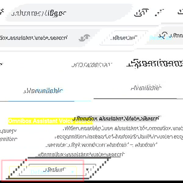 Выпадающее меню флага Omnibox Assistant Voice Search