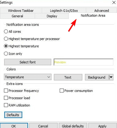 Настройки области уведомлений для включения отображения на панели задач