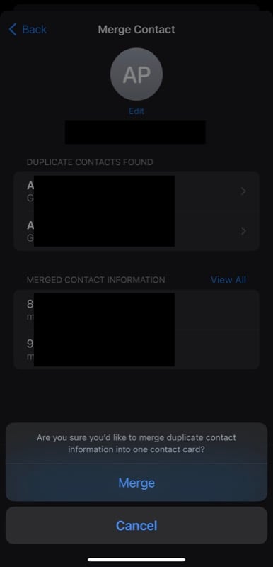 Объединение дублирующихся контактов индивидуально