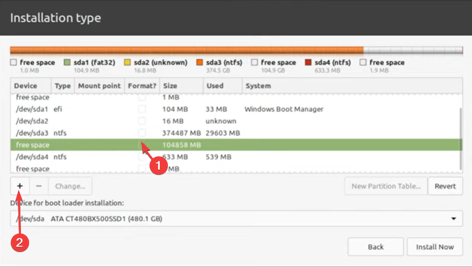 Выбор свободного пространства для создания разделов