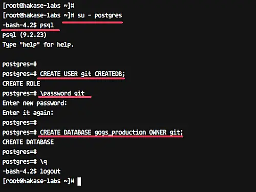 Création de la base gogs_production et de l'utilisateur git