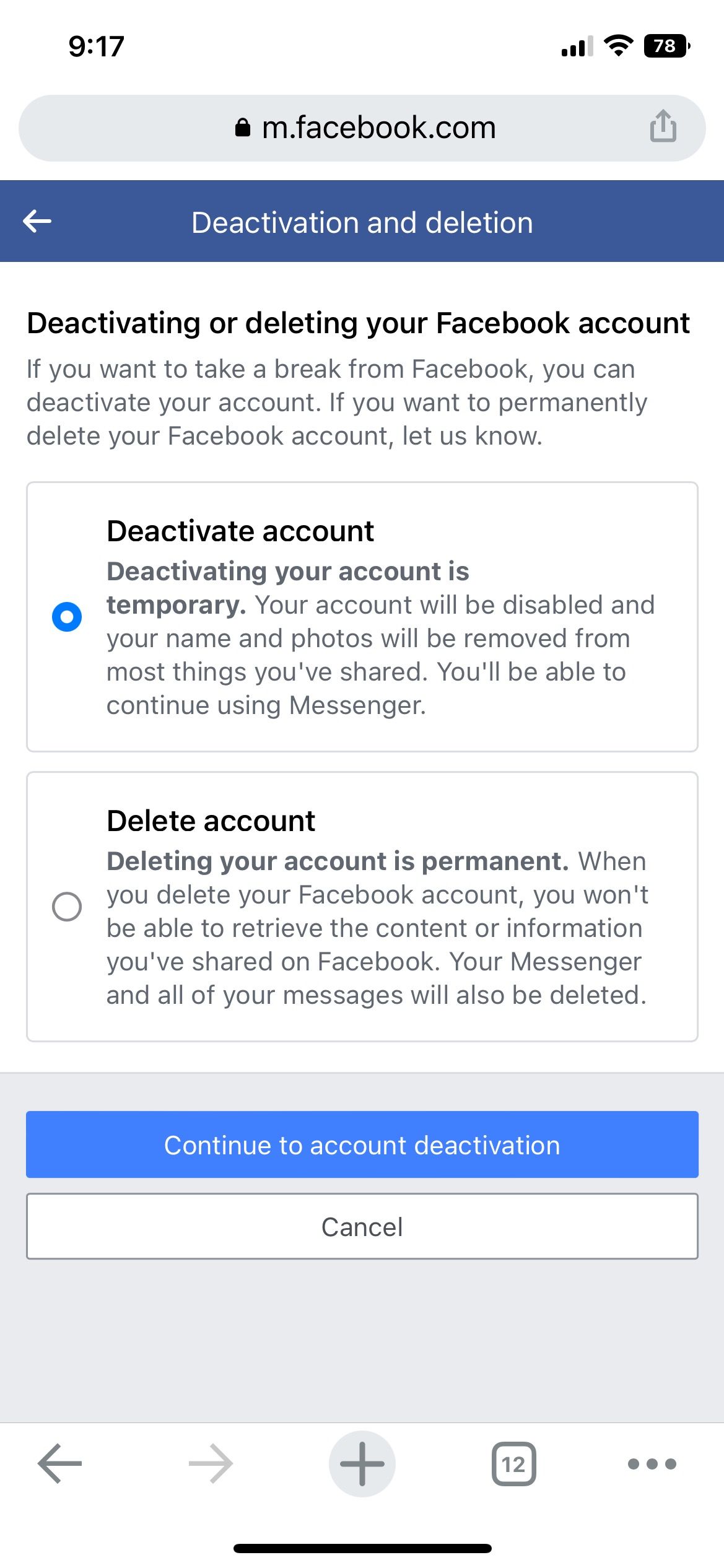 Опция деактивации аккаунта Facebook