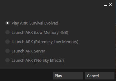 Меню запуска ARK с вариантами памяти
