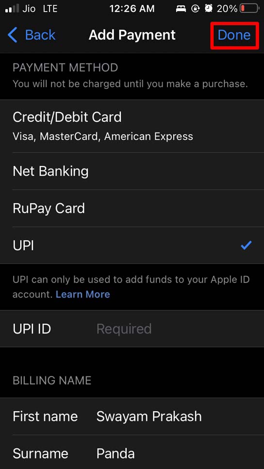 Formulario para detalles de pago y facturación