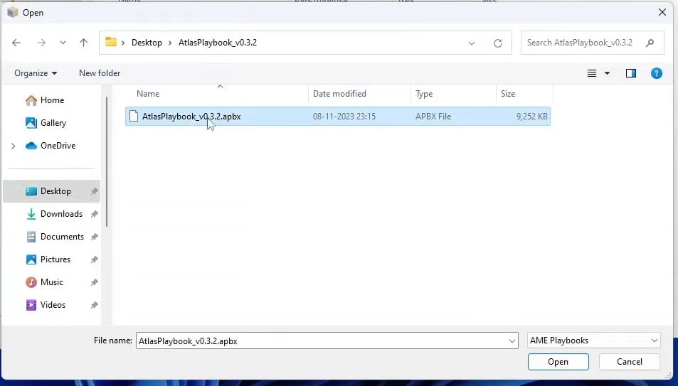 Открытие файла Atlas Playbook