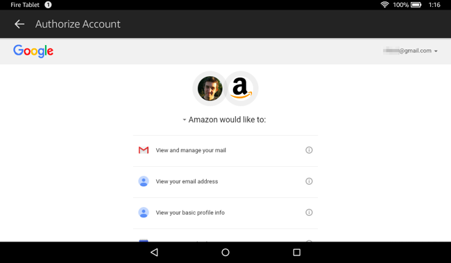 Разрешения Amazon для доступа к Gmail, Календарю и контактам