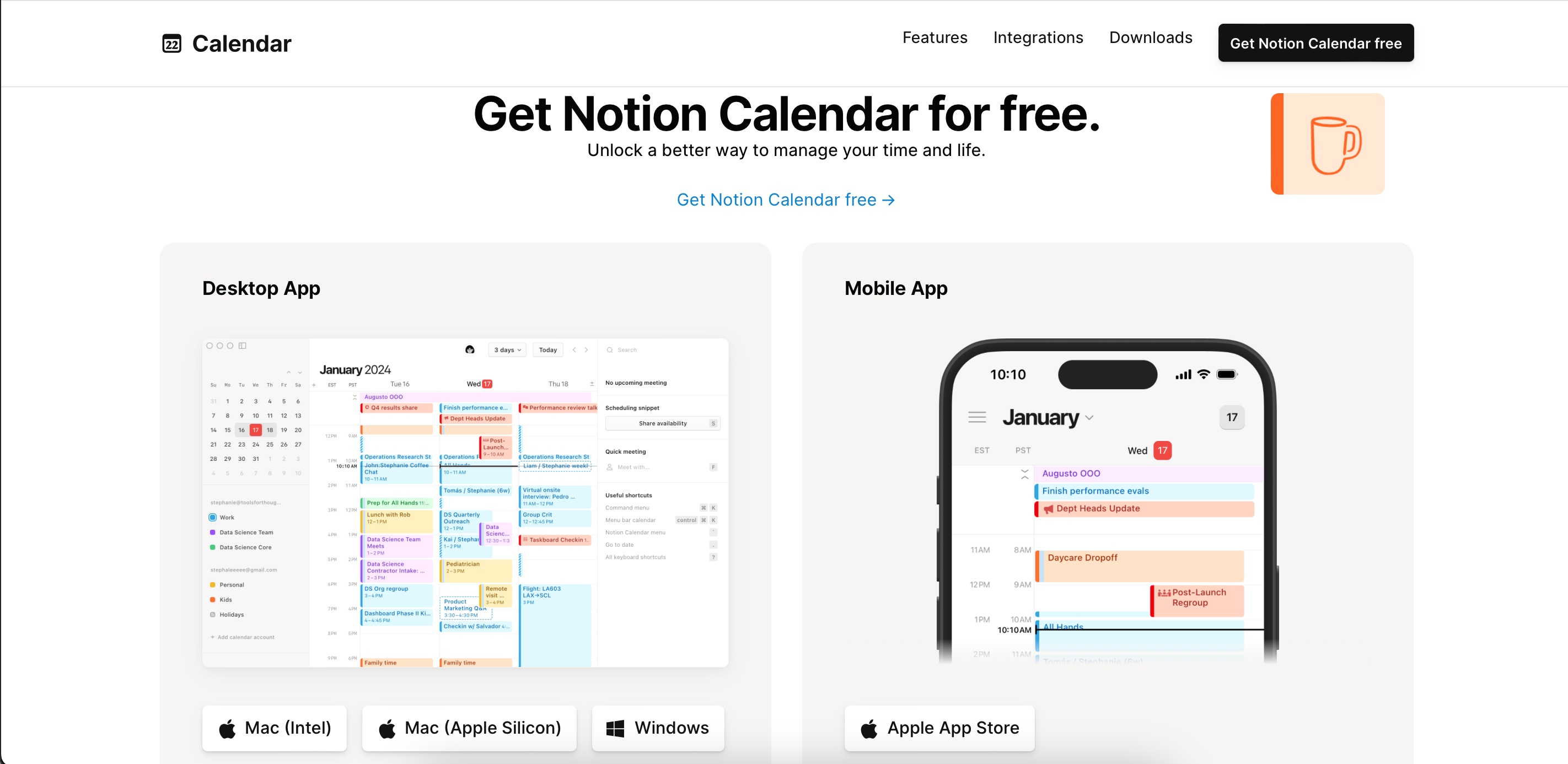 Раздел загрузок на сайте Notion Calendar