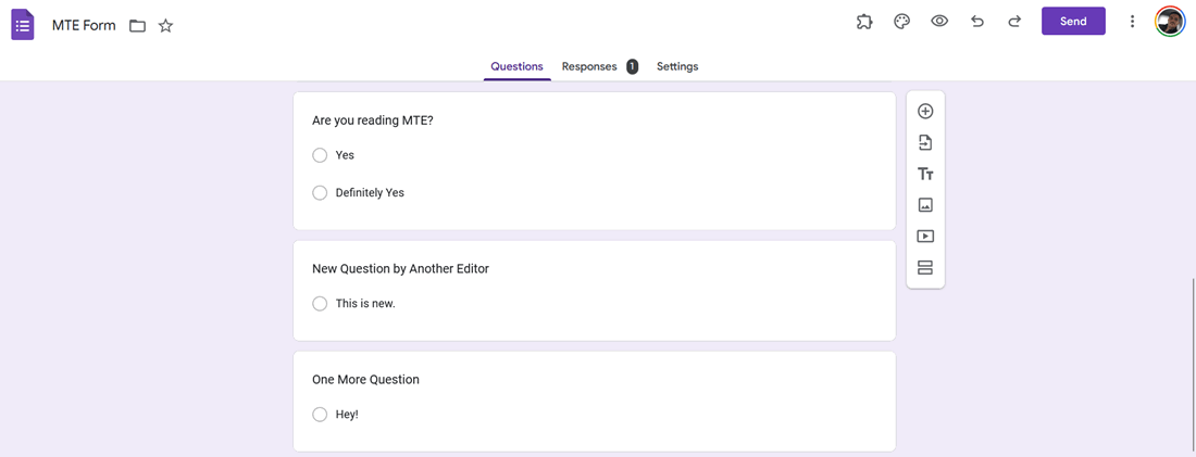 Вопросы Google Формы в редакторе