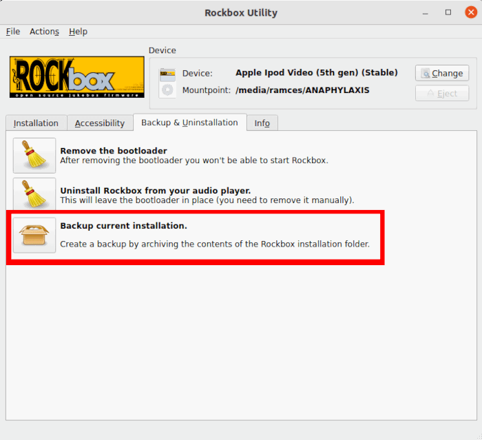 Кнопка резервного копирования в утилите Rockbox