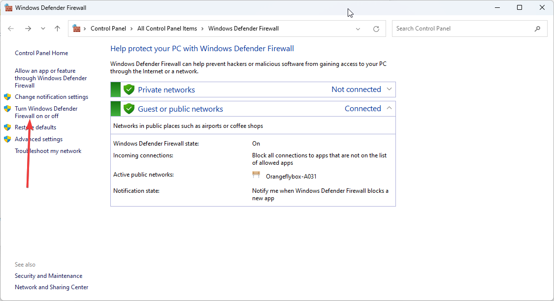 Параметры включения и отключения брандмауэра